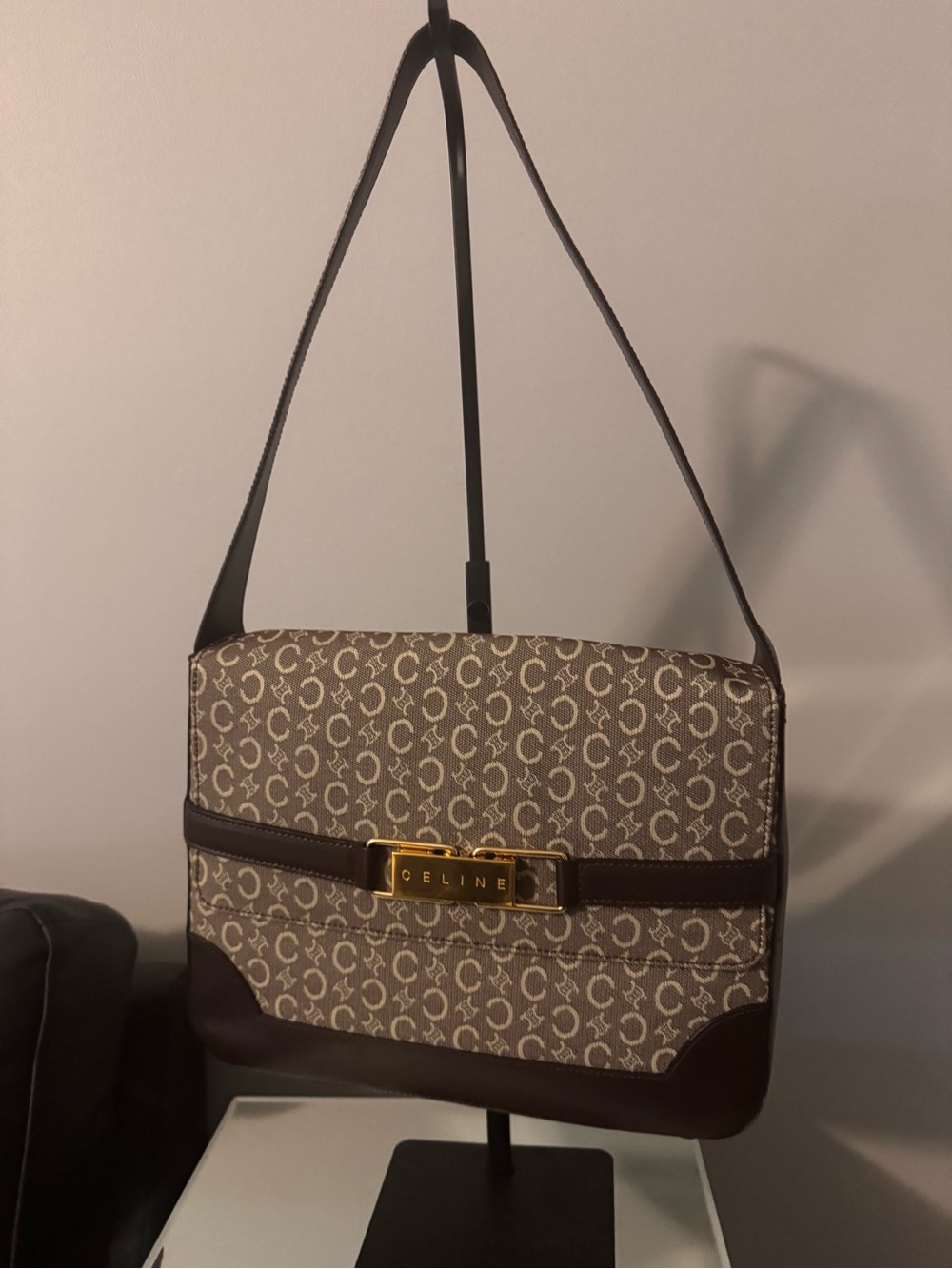 Celine Brown Monogram Canvas Shoulder Bag with Gold Plaque